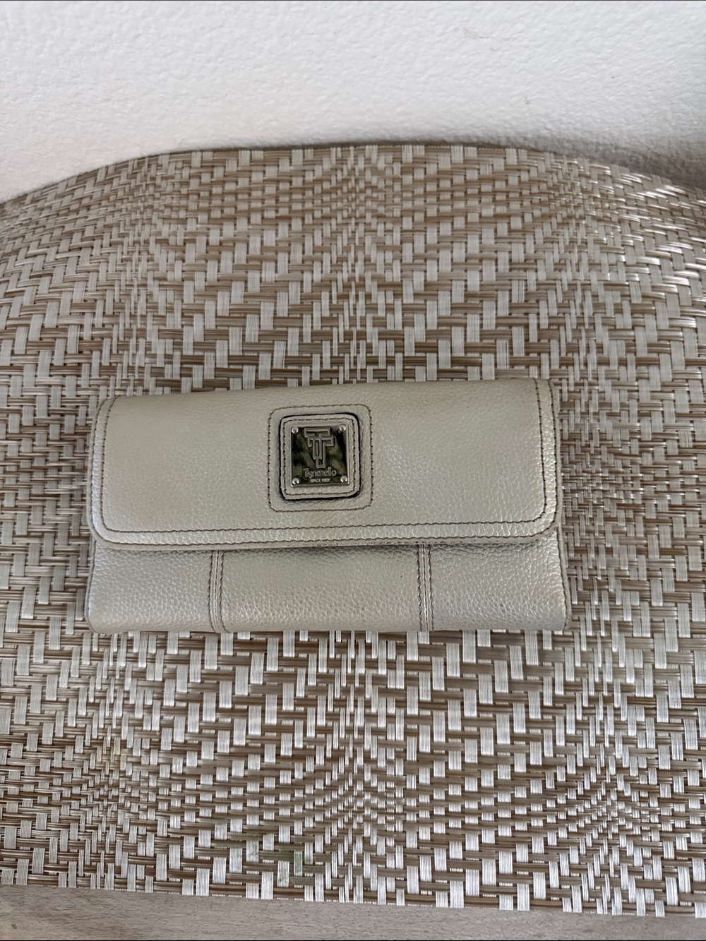 Tignanello Metallic Taupe Pebbled Leather Wristlet Clutch